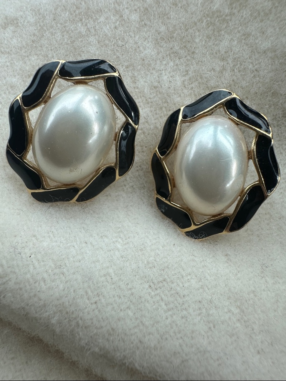 Trifari Vintage Black Enamel and Pearl-Tone Oval Clip Earrings
